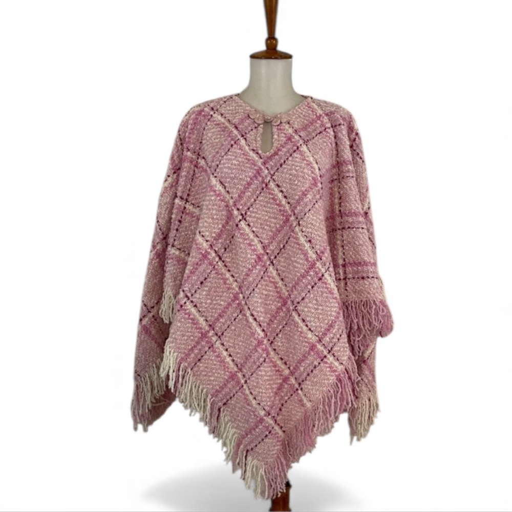 Boyne‎ Valley Weavers Pink Plaid Women's Sweater Poncho Wool Mic Made in Ireland